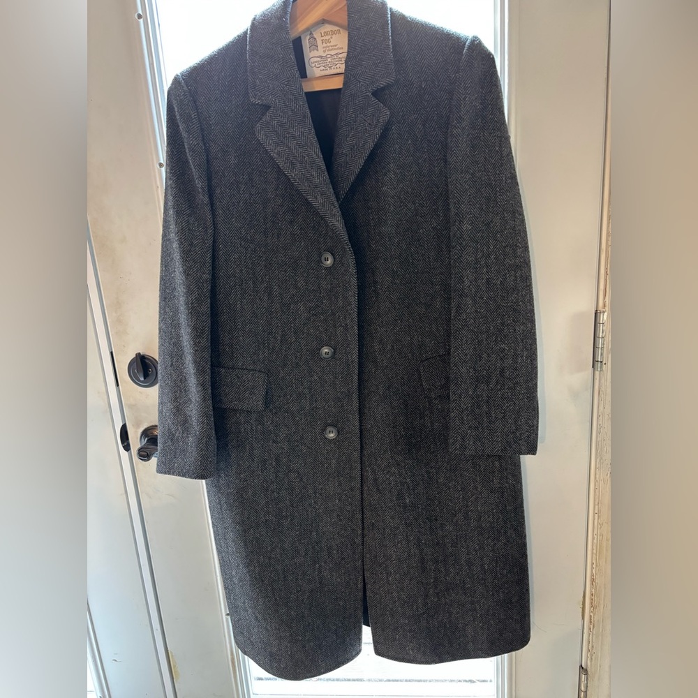 Vintage London Fog 100% Pure Wool Overcoat Herringbone Men’s 40 Reg Gray USA